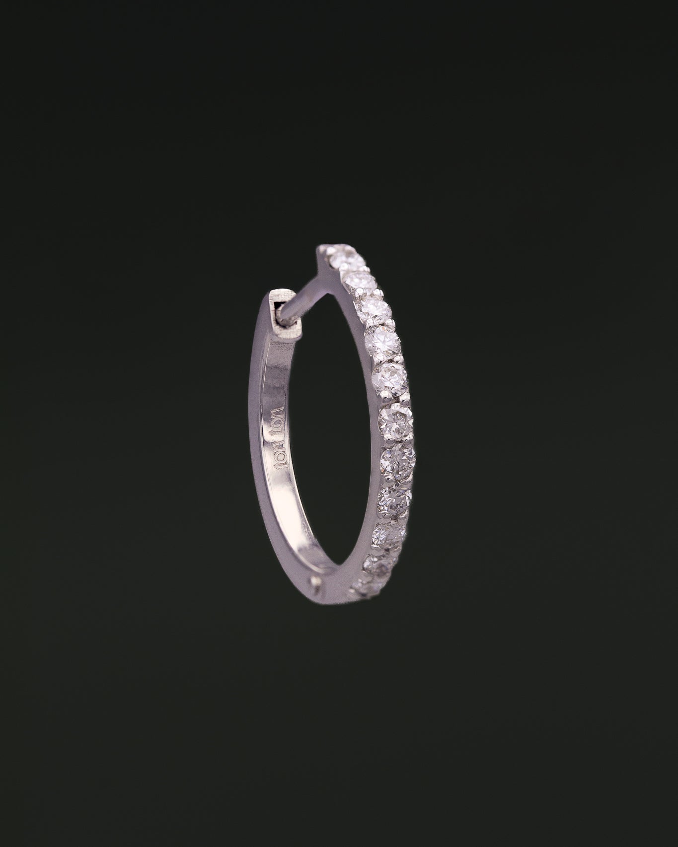 Medium Diamond Hoop earring in recycled 14K white gold, set with 11 lab-grown diamonds in a click-closure design.