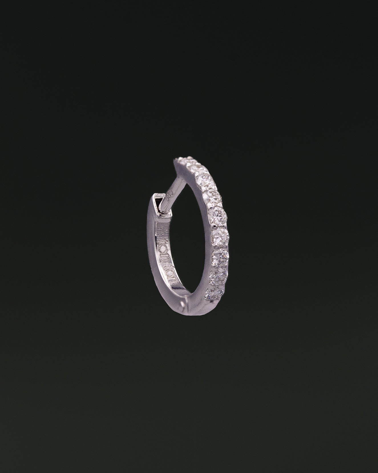 Small Diamond Hoop earring in recycled 14K white gold, set with 9 lab-grown diamonds in a click-closure design.